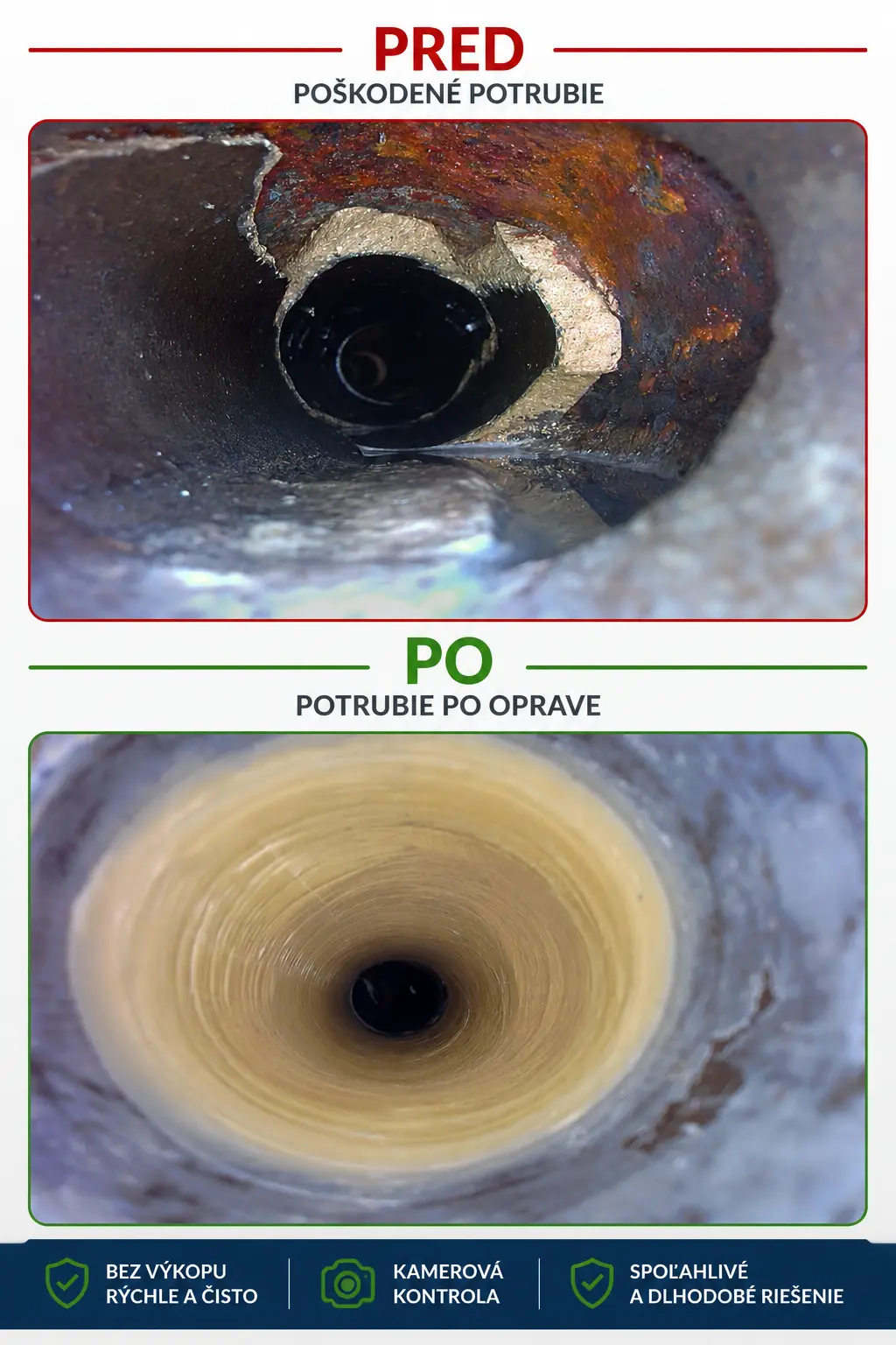 Porovnanie poškodeného potrubia pred opravou a potrubia po lokálnom vložkovaní